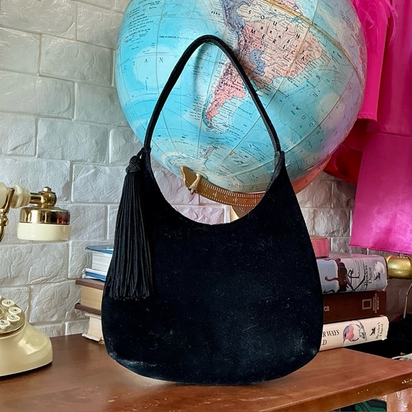 Vintage Handbags - Vintage 90s Y2K Black Suede Hobo Shoulder Bag with Tassel Detail